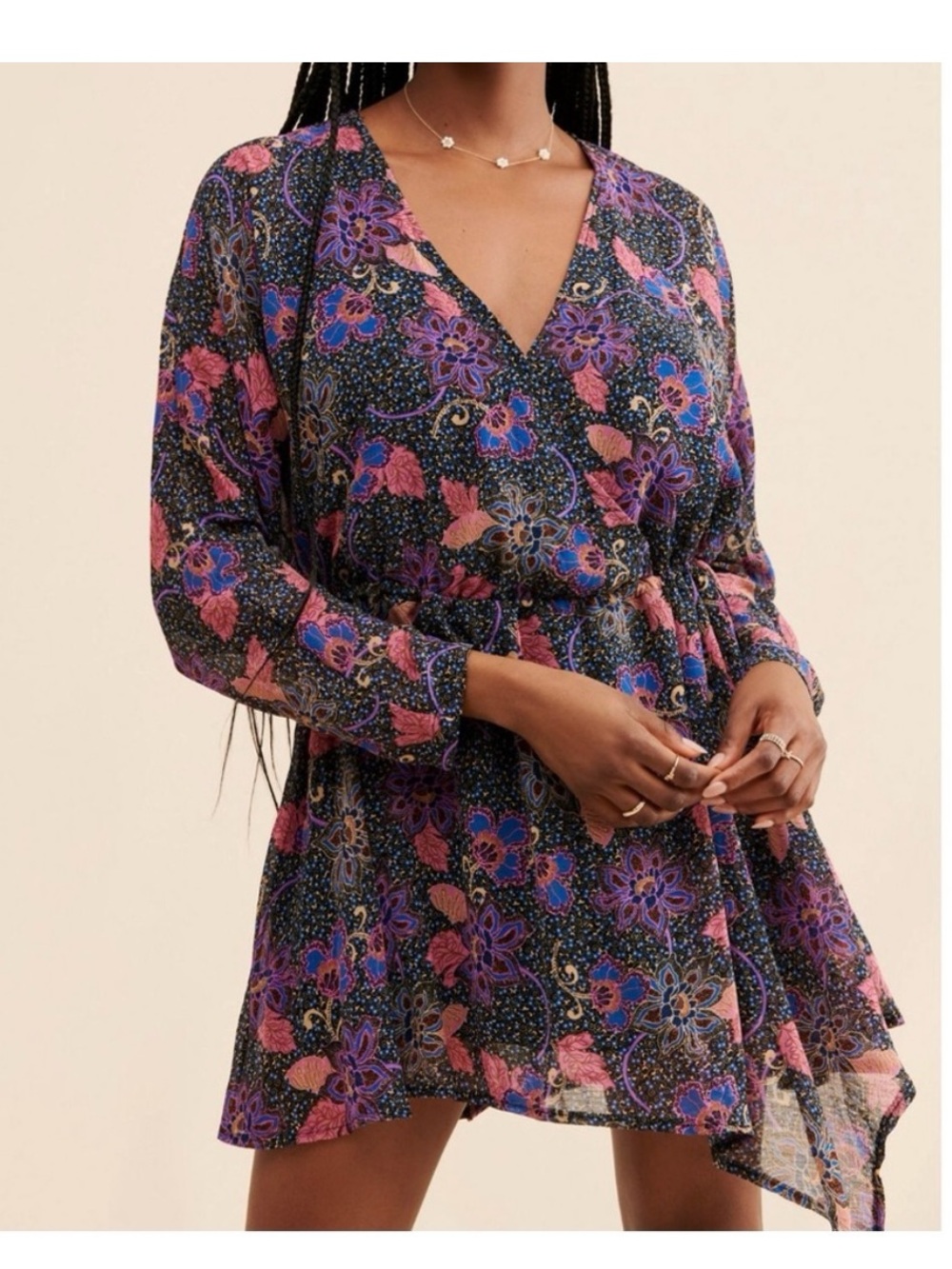 BOGO! Free People Dark Floral Asymmetric Mini Dress Black Size XS